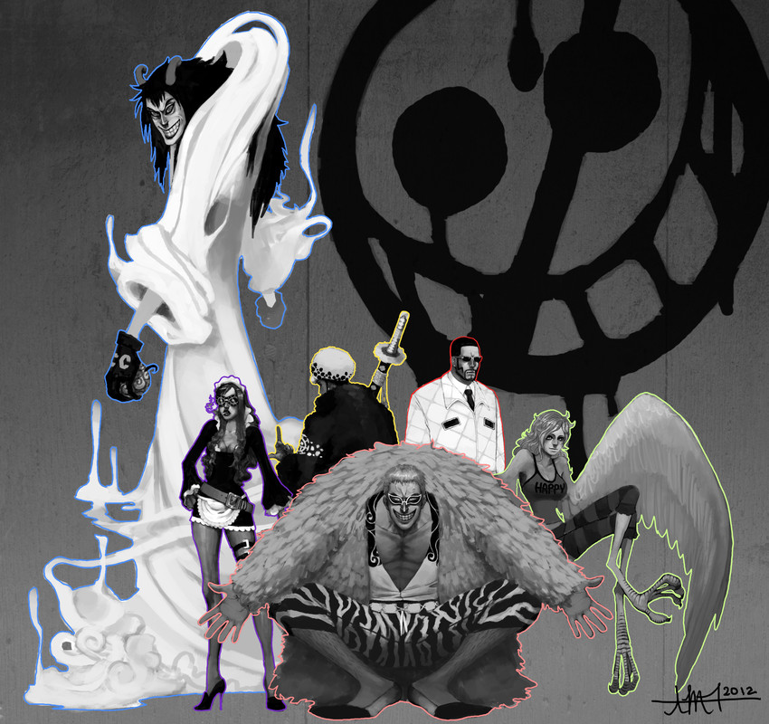 trafalgar law, donquixote doflamingo, baby 5, monet, caesar clown, and 1 more (one piece) drawn by vush
