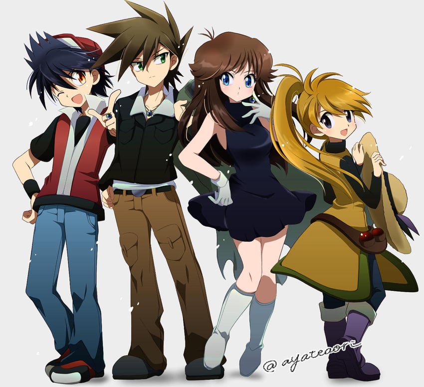 red, blue oak, green, and yellow (pokemon and 1 more) drawn by ayateaori