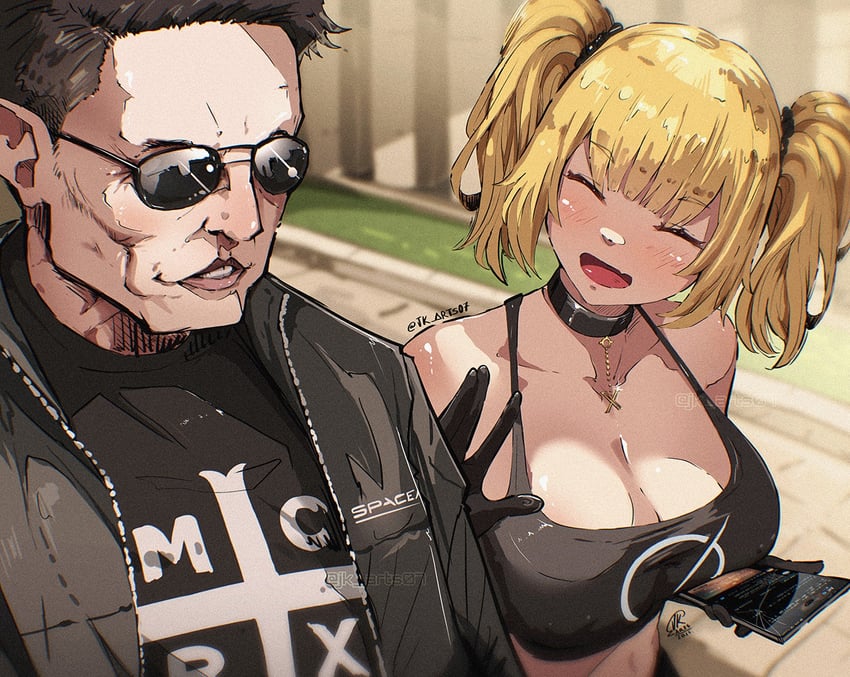 ani, grok, and elon musk (real life and 2 more) drawn by jk_arts