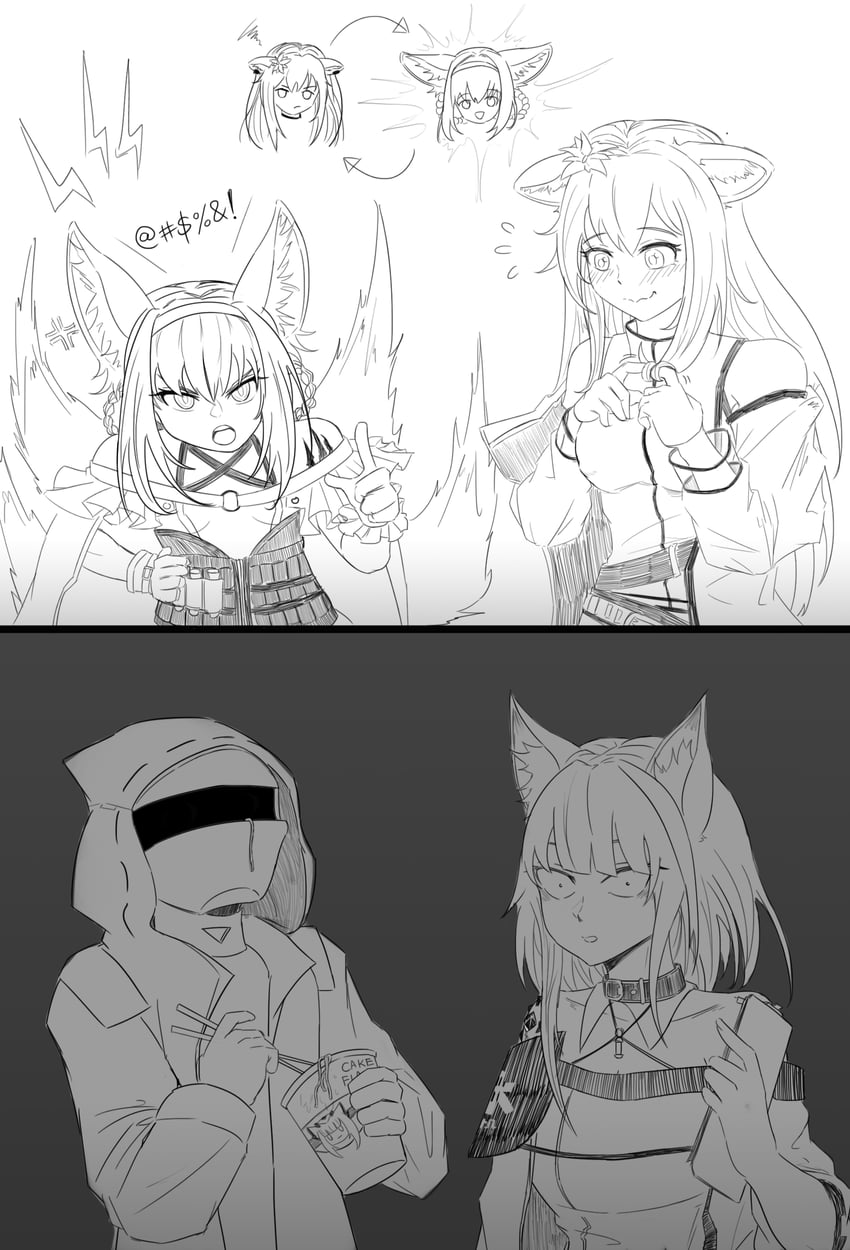 doctor, suzuran, kal'tsit, ptilopsis, and folinic (arknights) drawn by dokonjou_(odossan)