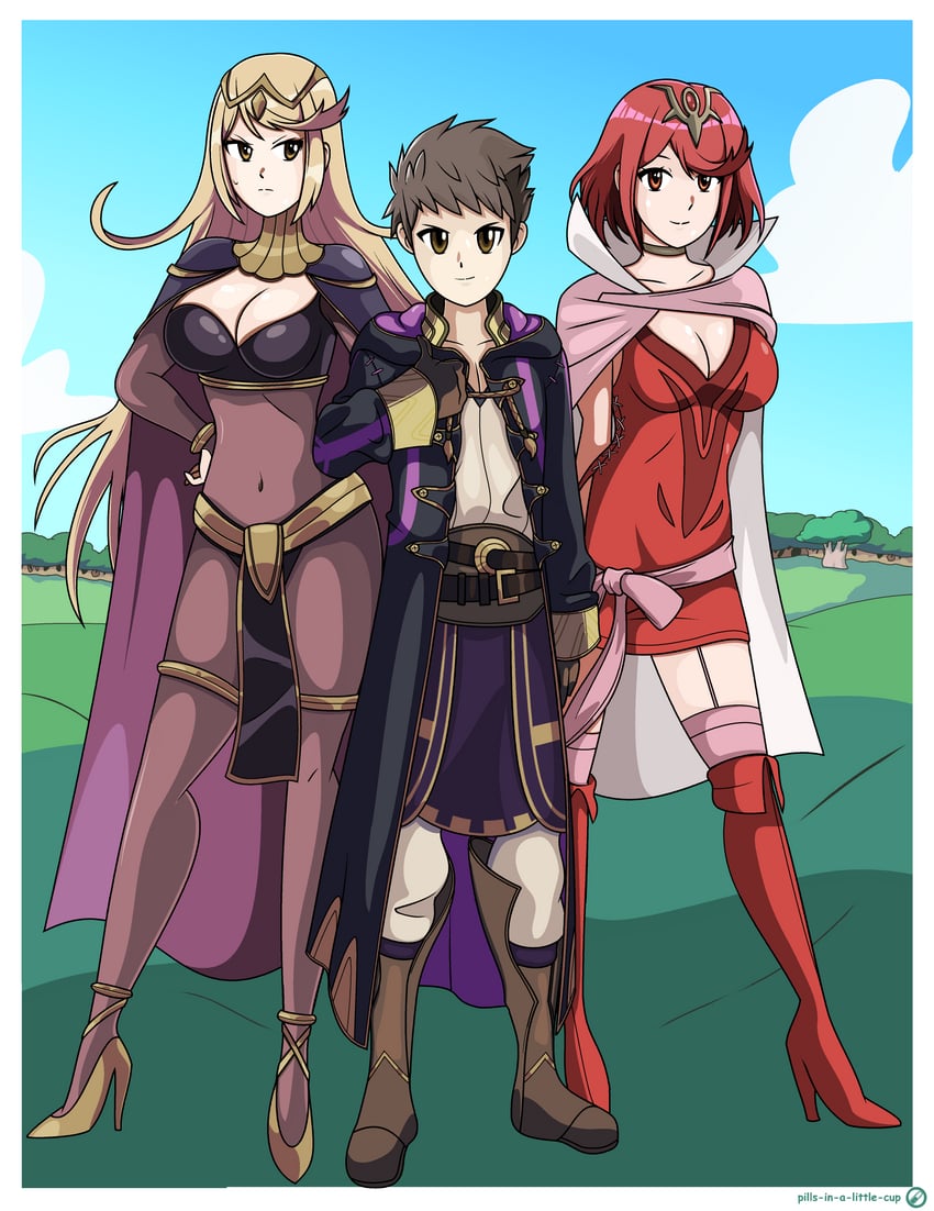 pyra, mythra, tiki, male robin, rex, and 1 more (fire emblem and 3 more) drawn by pills_a