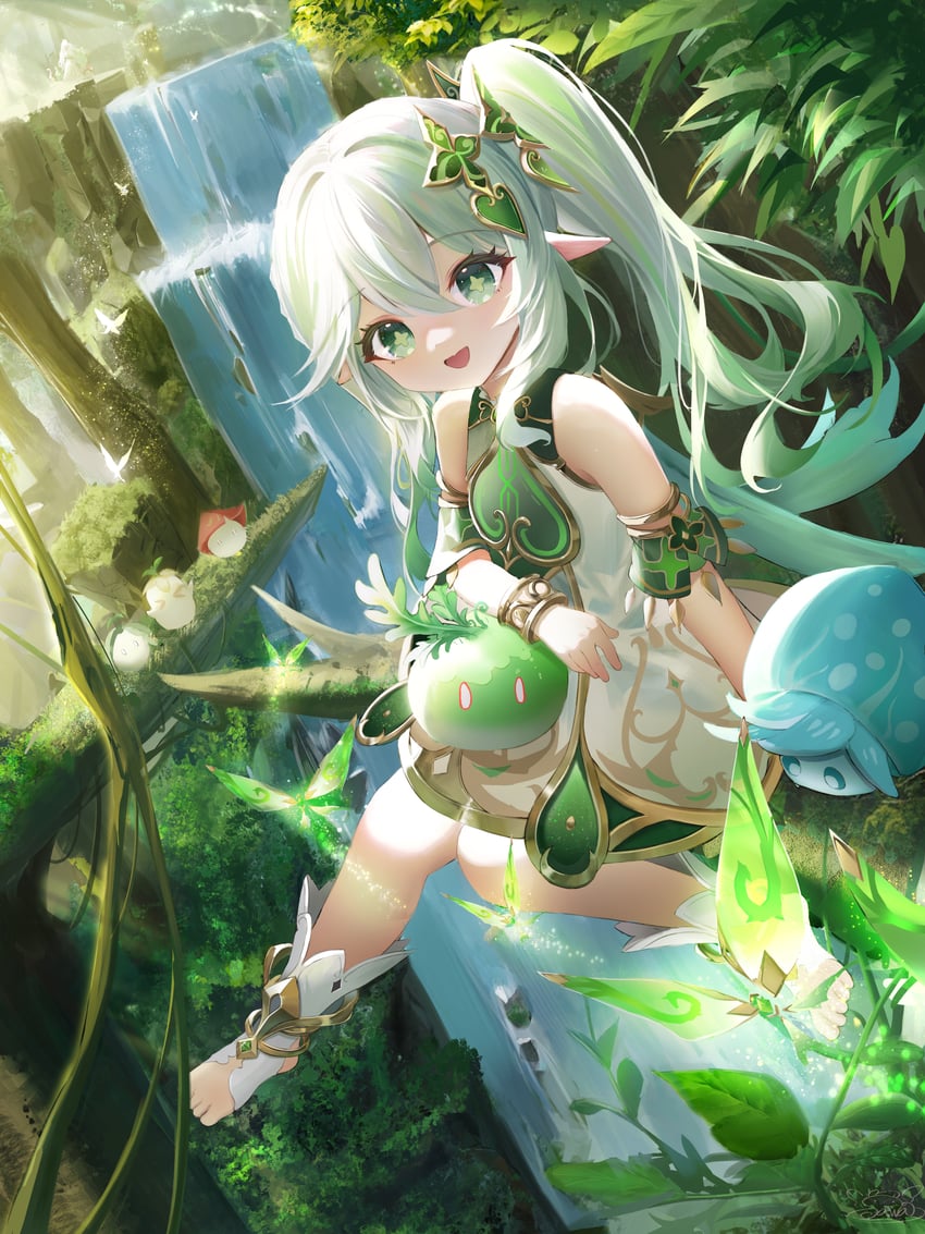 nahida, slime, aranara, crystalfly, and fungi (genshin impact) drawn by hwa_sawa