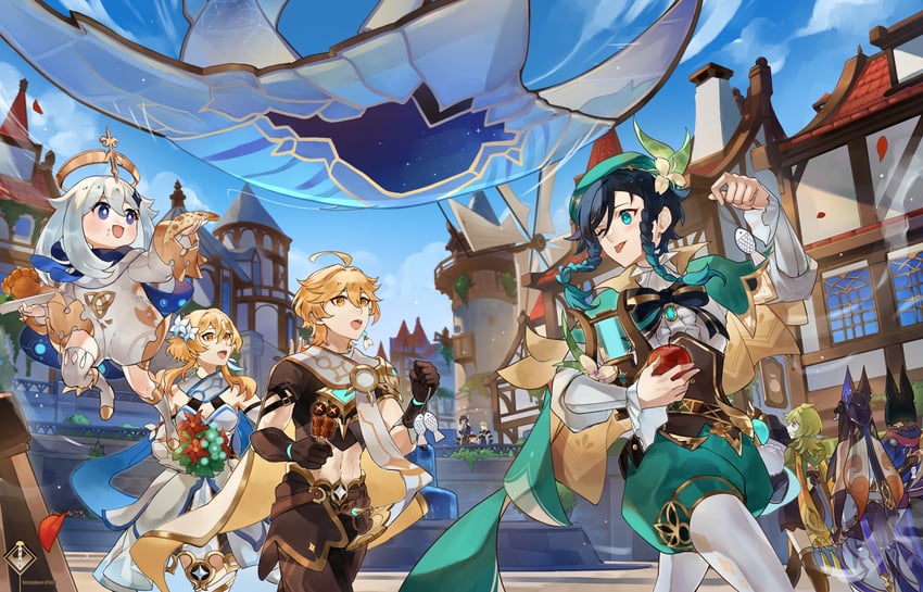 lumine, aether, venti, paimon, klee, and 5 more (genshin impact) drawn by kurogawa_shion