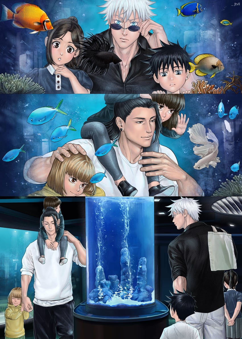 gojou satoru, fushiguro megumi, getou suguru, mimiko, nanako, and 1 more (jujutsu kaisen) drawn by jtv