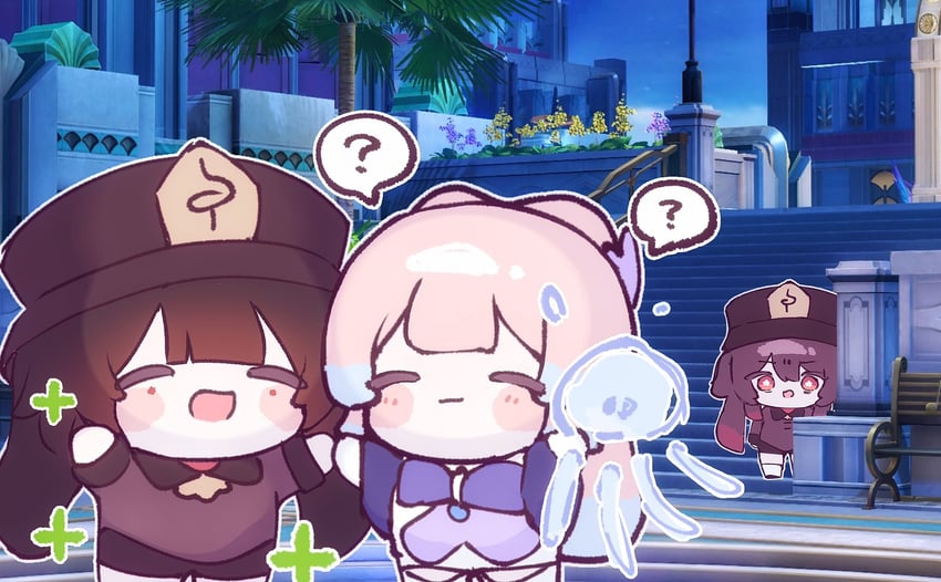 hu tao, sparkle, and sangonomiya kokomi (genshin impact and 3 more) drawn by mikurumikurumi