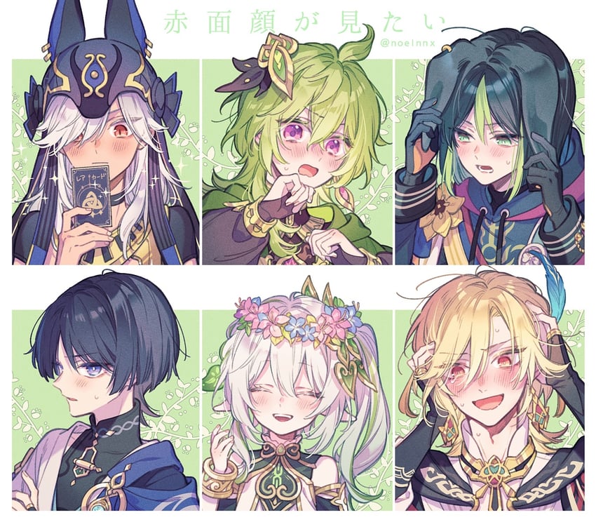 scaramouche, nahida, wanderer, tighnari, kaveh, and 2 more (genshin impact) drawn by noelnnx