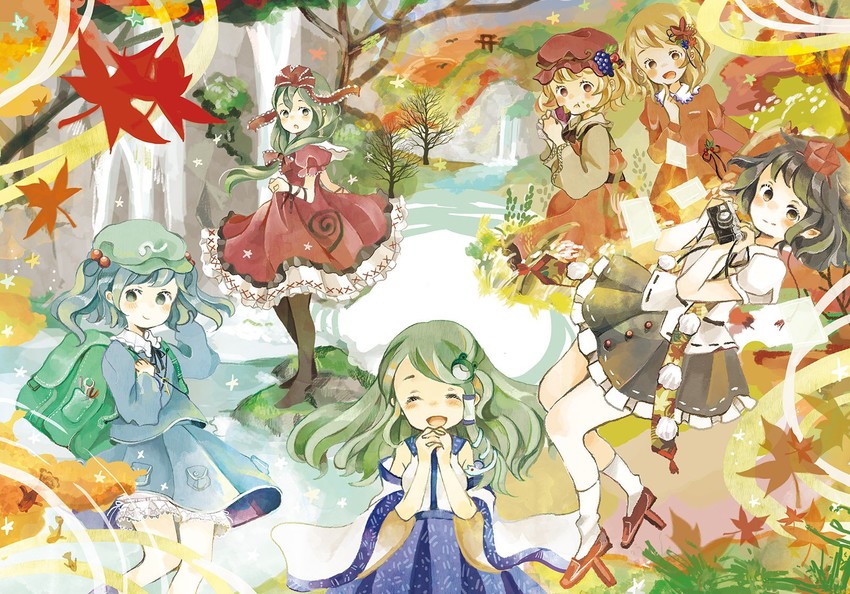 kochiya sanae, shameimaru aya, kawashiro nitori, kagiyama hina, aki minoriko, and 1 more (touhou and 1 more) drawn by onigiri_(ginseitou)