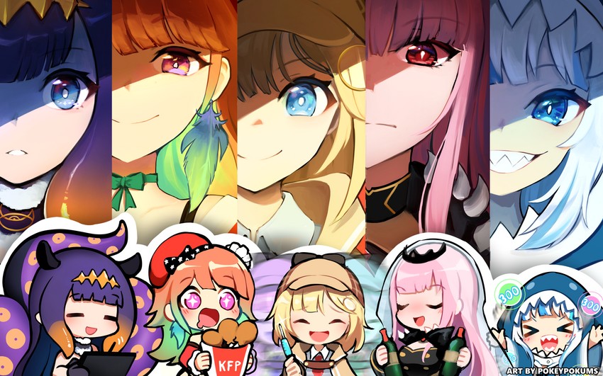 gawr gura, mori calliope, ninomae ina'nis, takanashi kiara, and watson amelia (hololive and 1 more) drawn by pokey