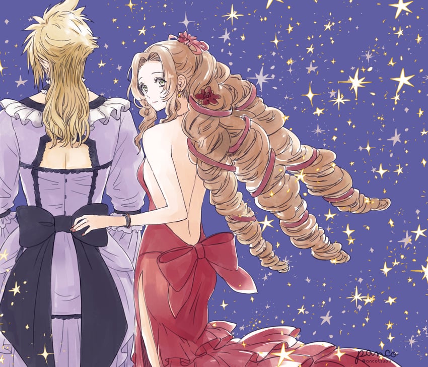 cloud strife and aerith gainsborough (final fantasy and 2 more) drawn by ancotsubu