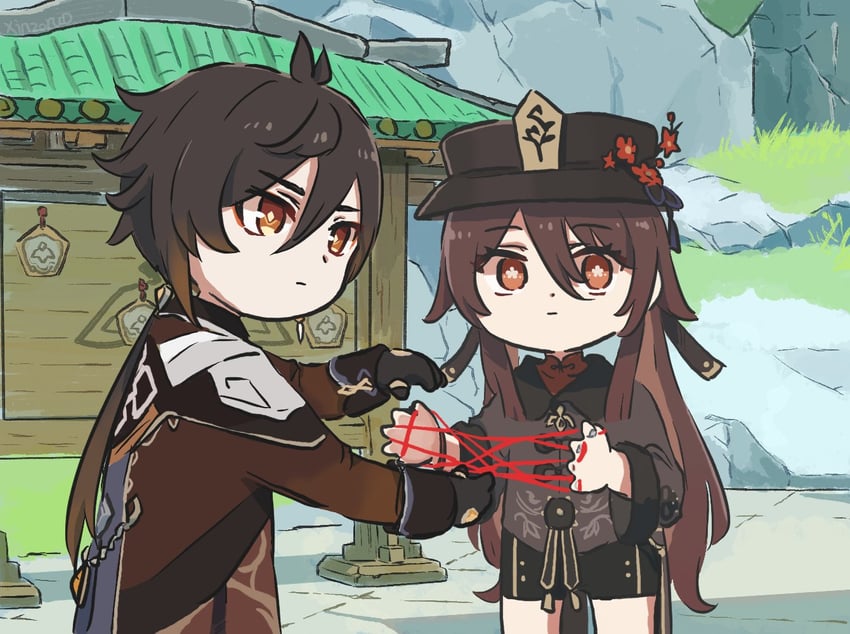 hu tao and zhongli (genshin impact) drawn by xinzoruo