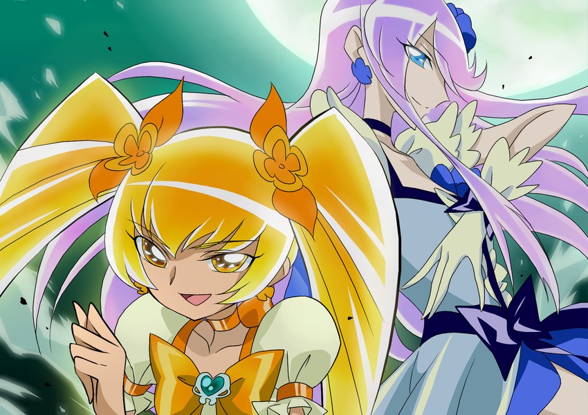 tsukikage yuri, myoudouin itsuki, cure sunshine, and cure moonlight (precure and 1 more) drawn by keino_(midorinoko)