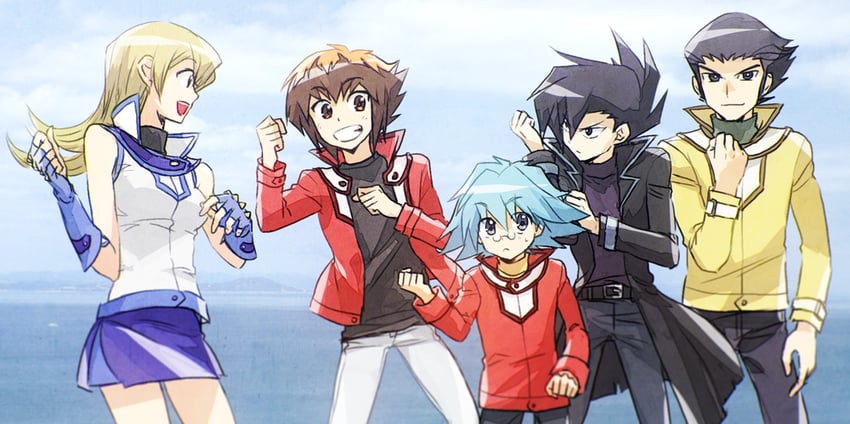 yuki judai, tenjouin asuka, manjoume jun, marufuji sho, and misawa daichi (yu-gi-oh! and 1 more) drawn by moribuden