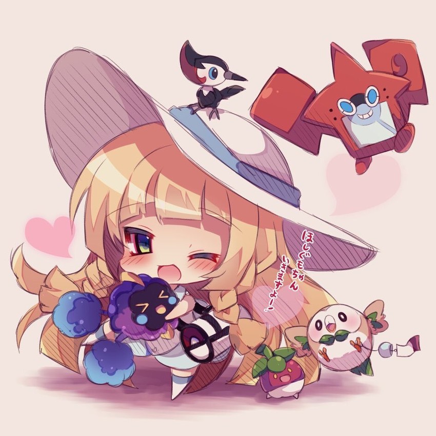 lillie, rotom, rowlet, cosmog, rotom dex, and 2 more (pokemon and 1 more) drawn by muuran