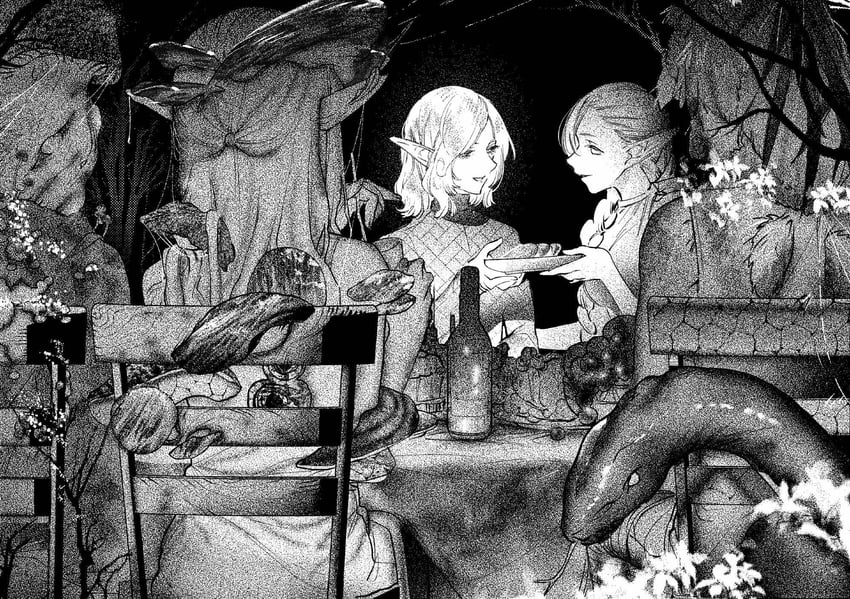 mithrun and braided ponytail lamia (dungeon meshi) drawn by gapamopa