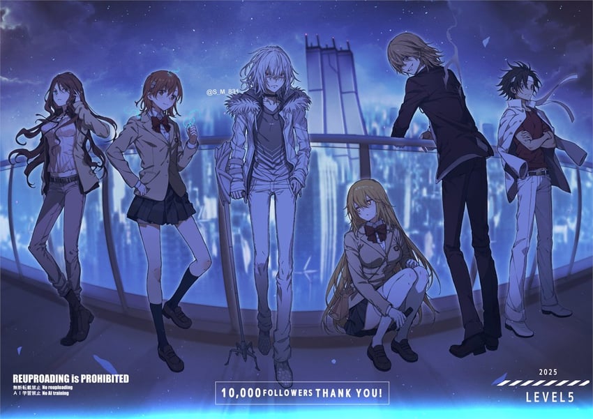 misaka mikoto, shokuhou misaki, accelerator, mugino shizuri, kakine teitoku, and 1 more (toaru majutsu no index and 2 more) drawn by s_m_831