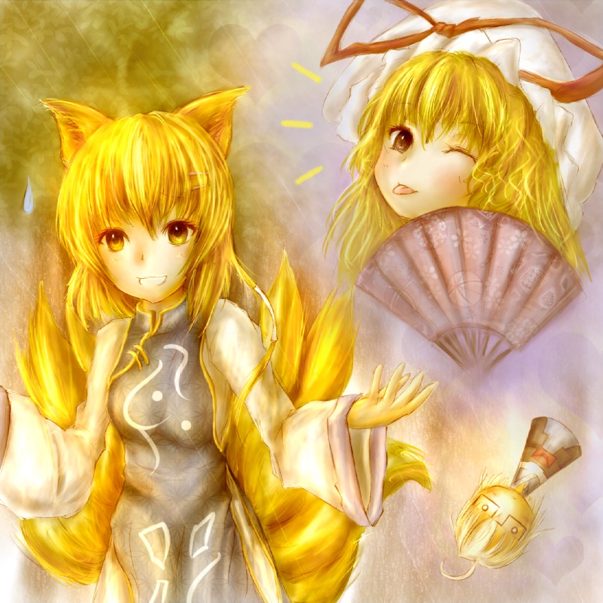 yakumo yukari, yakumo ran, and morichika rinnosuke (touhou) drawn by amano_jack