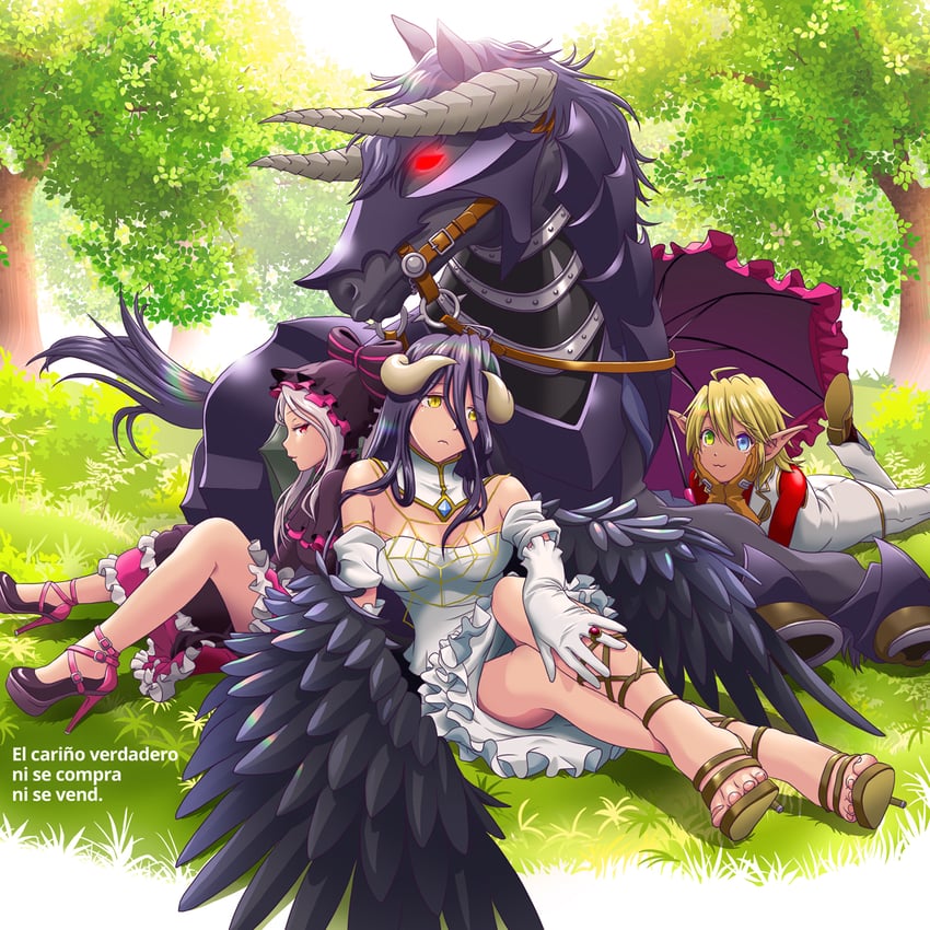 albedo, shalltear bloodfallen, and aura bella fiora (overlord) drawn by k-ta