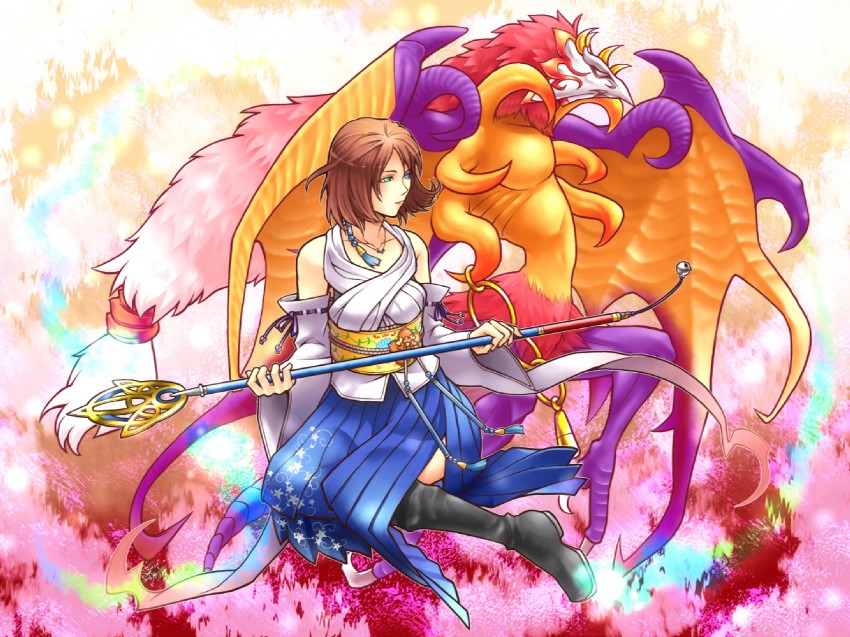 yuna and valefor (final fantasy and 3 more) drawn by banana_gyuunyuu