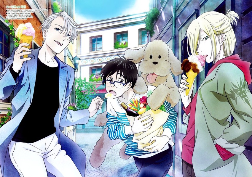 katsuki yuuri, viktor nikiforov, yuri plisetsky, and makkachin (yuri!!! on ice) drawn by maezawa_hiromi