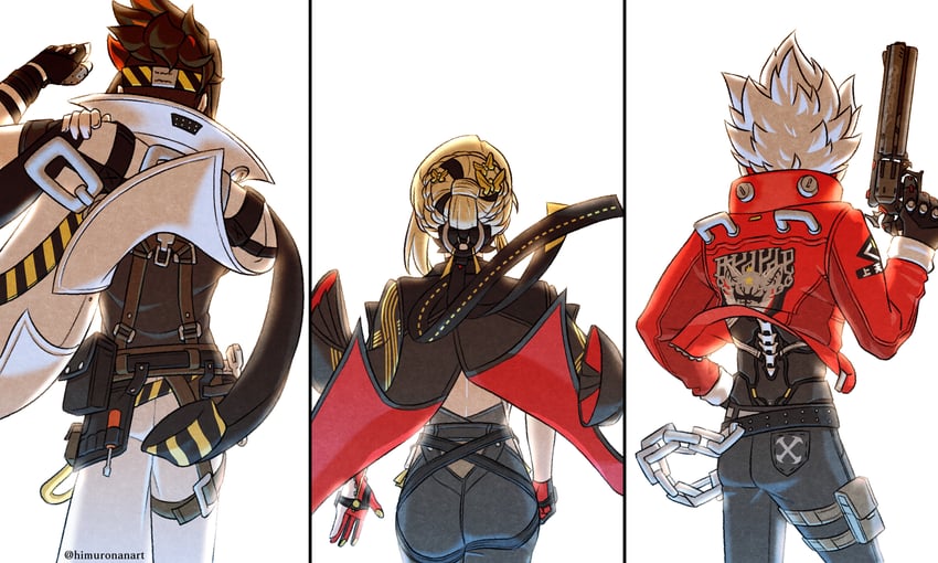 evelyn chevalier, billy kid, and anton ivanov (zenless zone zero) drawn by himuronanart