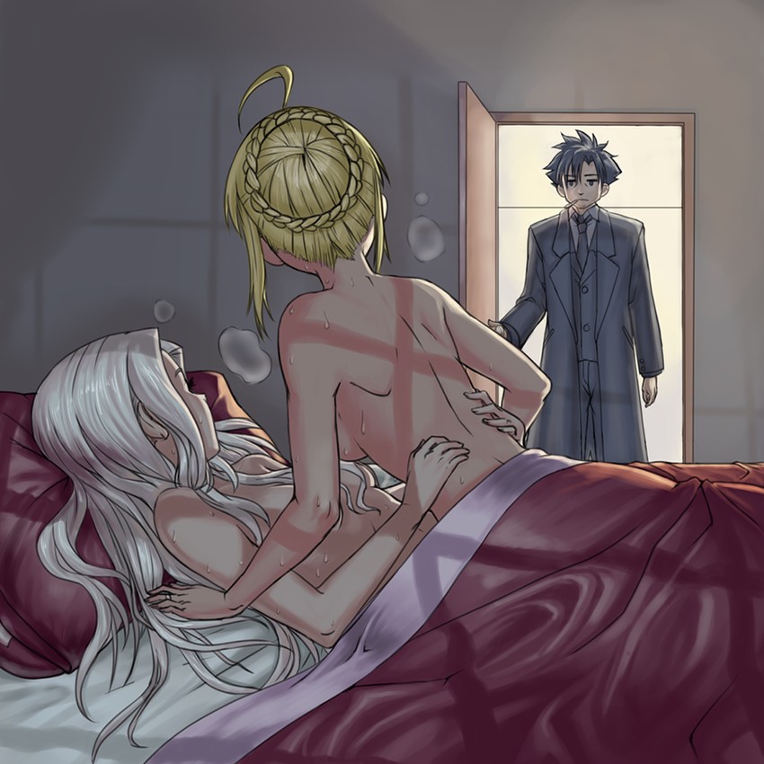 artoria pendragon, saber, emiya kiritsugu, and irisviel von einzbern (fate and 1 more) drawn by amuscaria