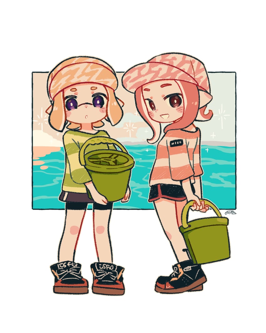 inkling player character, inkling girl, octoling player character, and octoling girl (splatoon) drawn by rechain