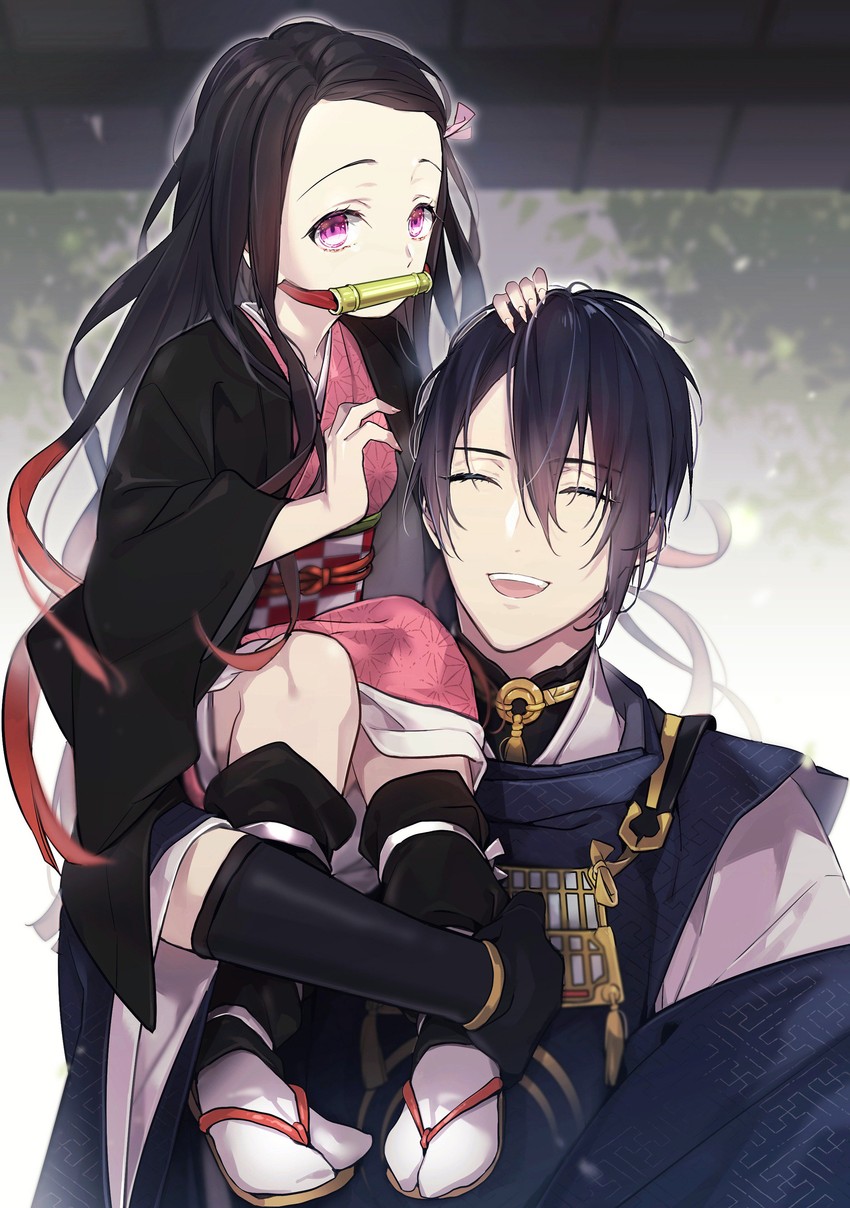 kamado nezuko and mikazuki munechika (touken ranbu and 2 more) drawn by coma_(macaron)