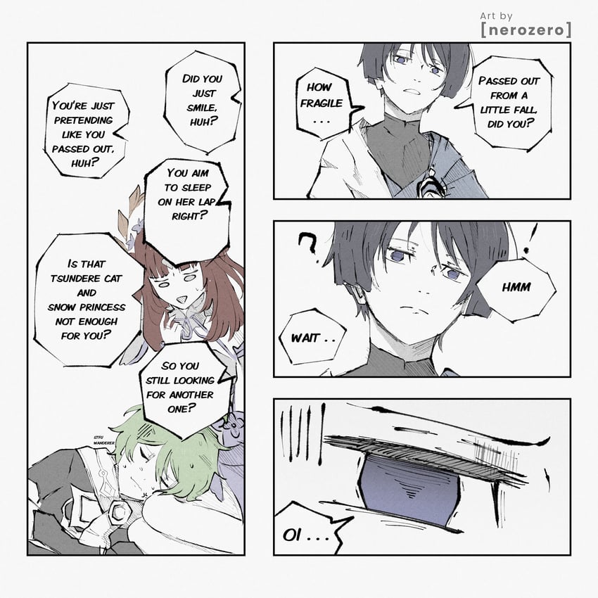 scaramouche, aether, wanderer, and nilou (genshin impact) drawn by nerozero