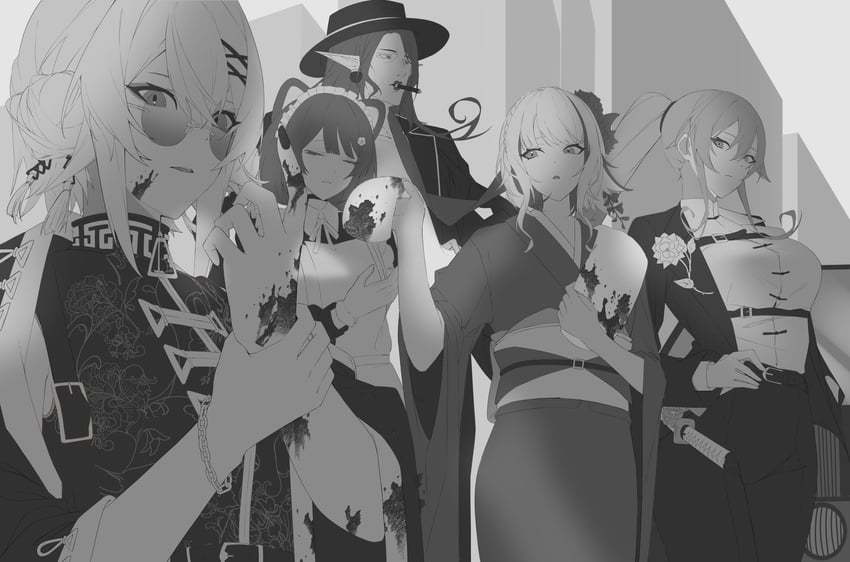 lize helesta, ange katrina, inui toko, furen e lustario, and hanabatake chaika (nijisanji) drawn by souryuu_kaede