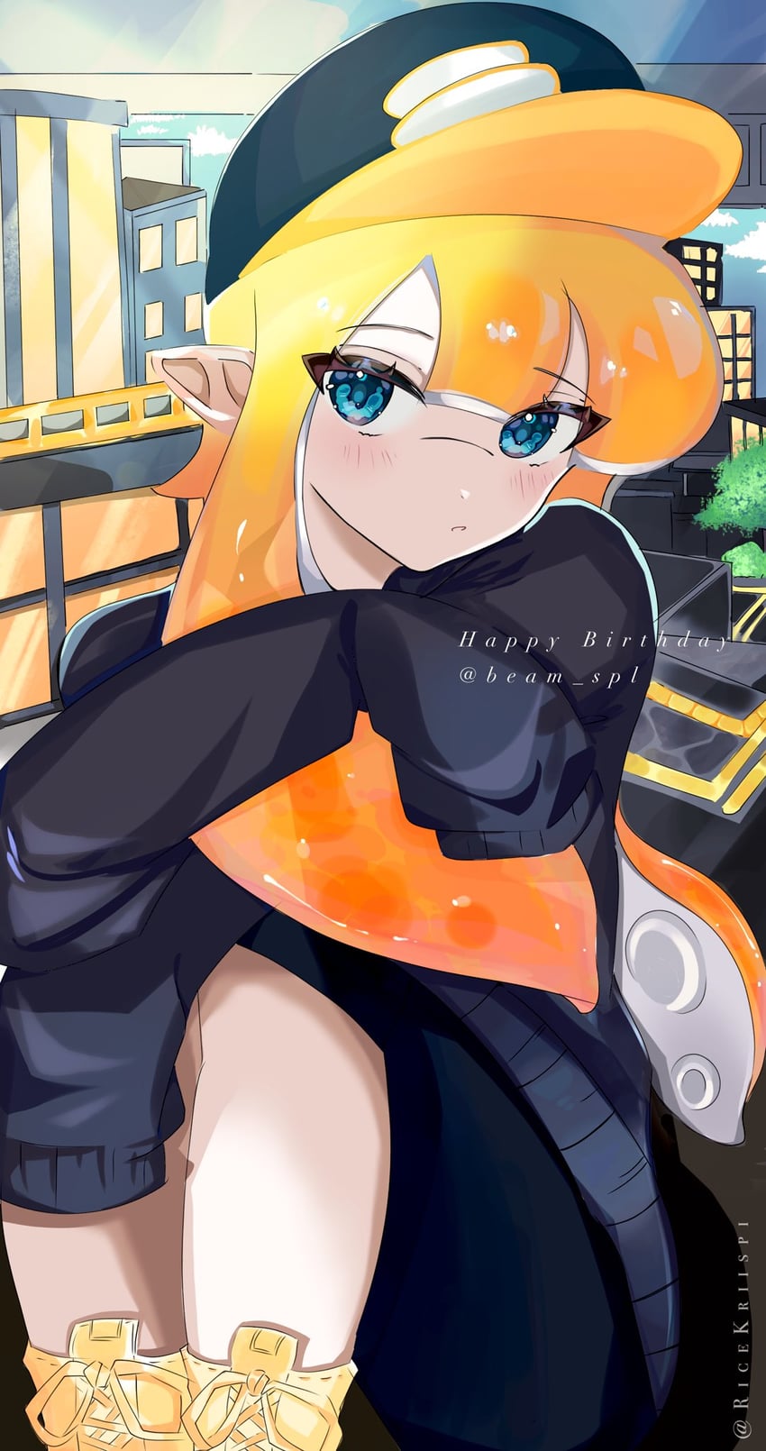 inkling player character and inkling girl (splatoon and 1 more) drawn by ricekriispi