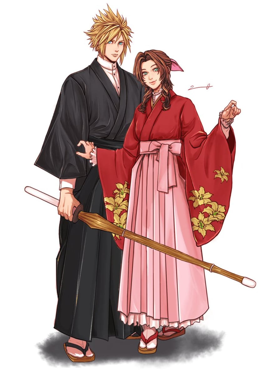 cloud strife and aerith gainsborough (final fantasy and 3 more) drawn by sternffbevw