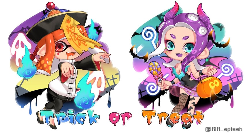 inkling player character, inkling girl, octoling player character, and octoling girl (splatoon and 1 more) drawn by iria_(yumeirokingyo)