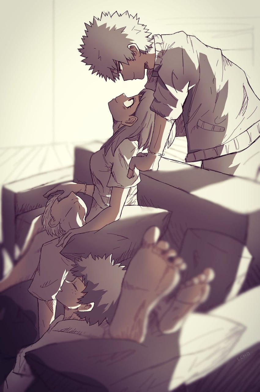 midoriya izuku, bakugou katsuki, uraraka ochaco, and todoroki shoto (boku no hero academia) drawn by echo1069479