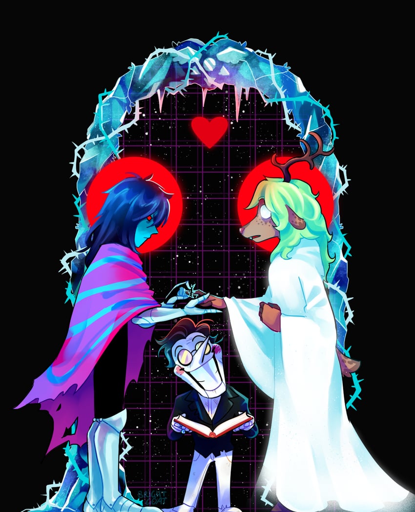 kris, noelle holiday, and spamton g. spamton (deltarune) drawn by bright-goat