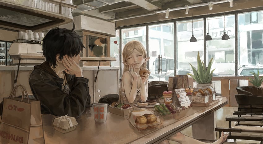 oshino shinobu, araragi koyomi, and kiss-shot acerola-orion heart-under-blade (monogatari and 1 more) drawn by solipsist
