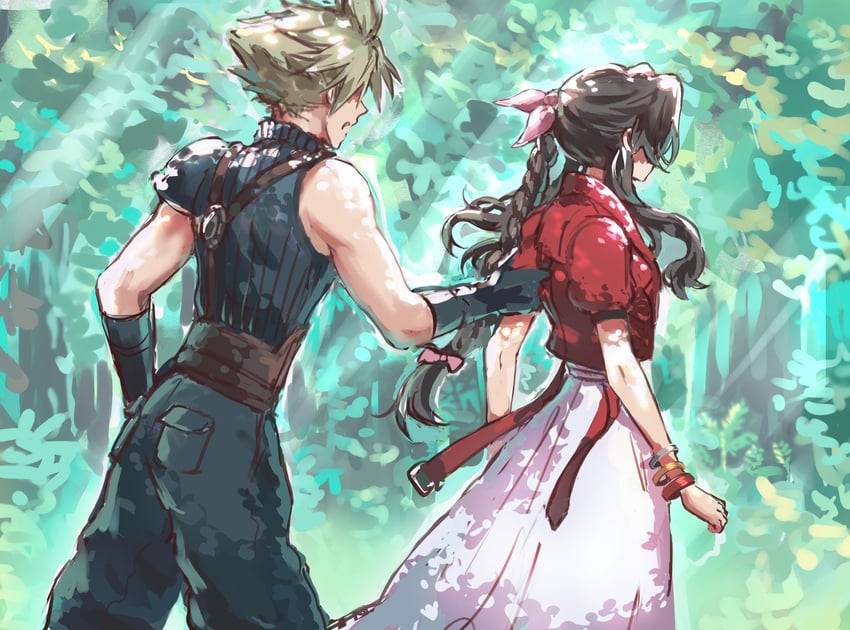cloud strife and aerith gainsborough (final fantasy and 2 more) drawn by kivavis