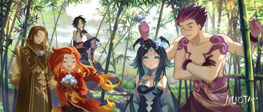 xiao, bonanus, indarias, bosacius, and menogias (genshin impact) drawn by miaotai_miota
