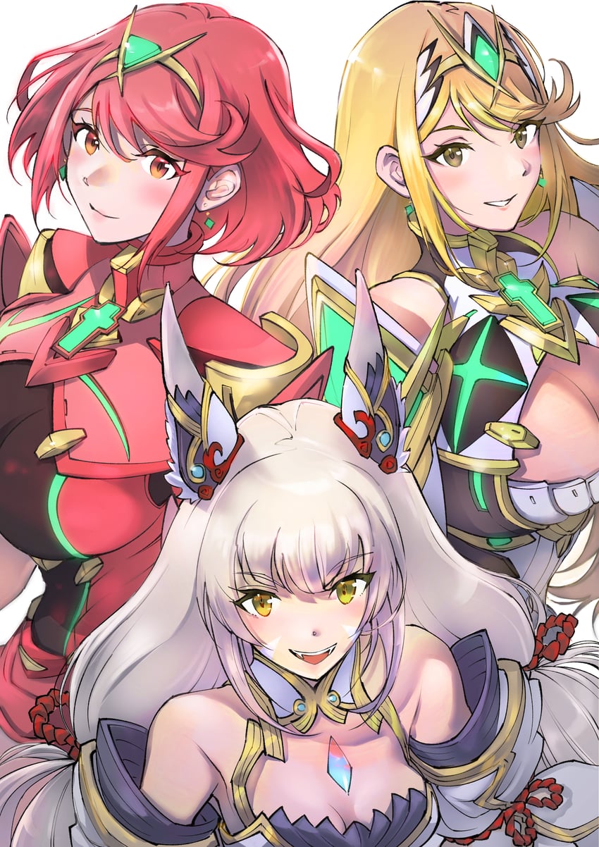 pyra, mythra, and nia (xenoblade chronicles and 1 more) drawn by ug333333