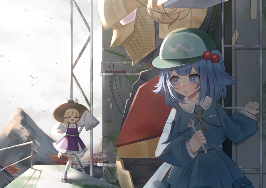 moriya suwako, kawashiro nitori, and hisou tensoku (touhou) drawn by no_noru