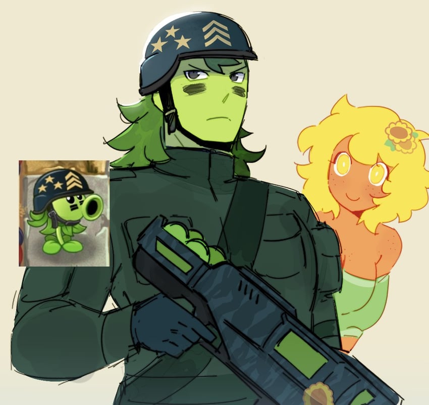 sunflower and gatling pea (plants vs. zombies and 1 more) drawn by firemauer