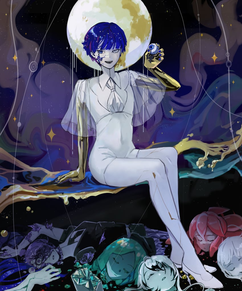 phosphophyllite, antarcticite, ghost quartz, amethyst, and morganite (houseki no kuni) drawn by nirtin_99