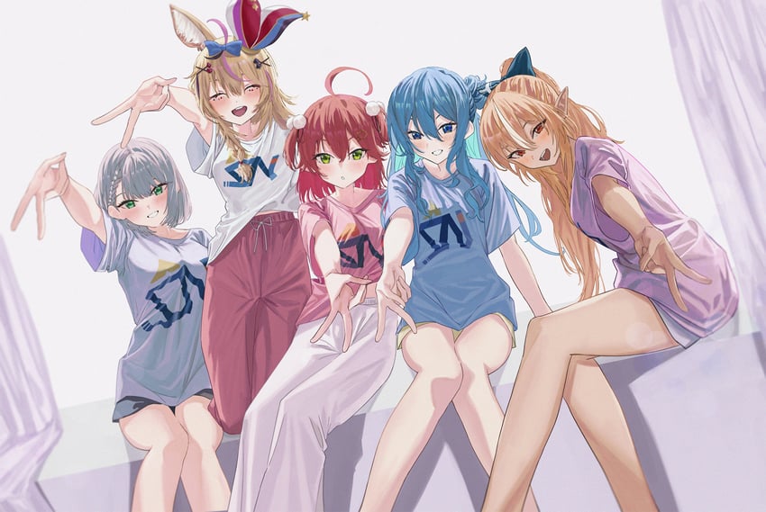hoshimachi suisei, sakura miko, shirogane noel, shiranui flare, and omaru polka (hololive) drawn by noviceeeeeeee