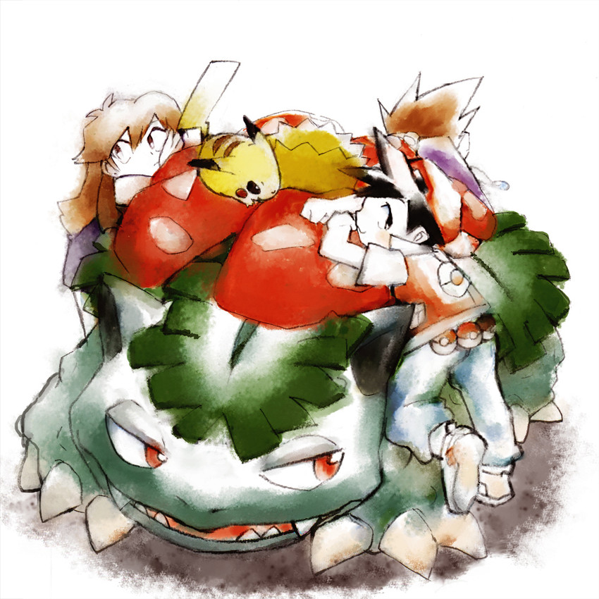 pikachu, red, blue oak, green, venusaur, and 1 more (pokemon and 2 more) drawn by chonmage_megane