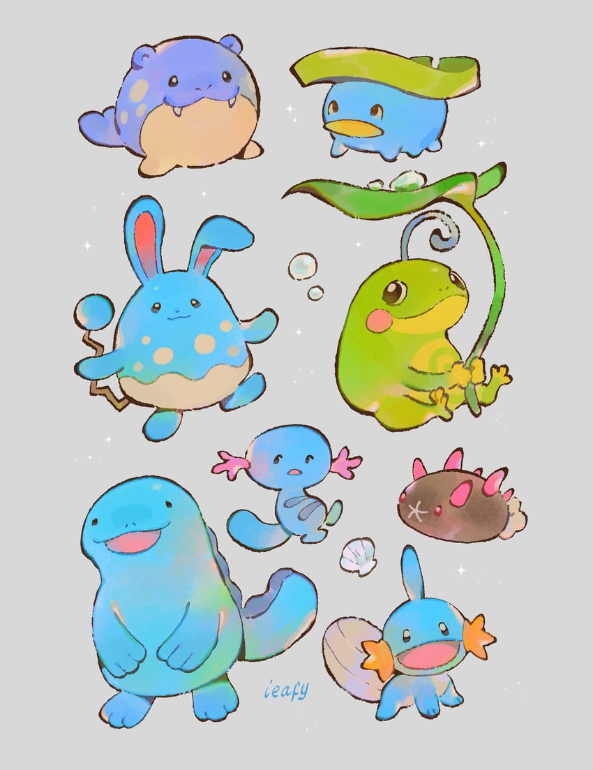 mudkip, wooper, quagsire, azumarill, pyukumuku, and 3 more (pokemon) drawn by ieafy