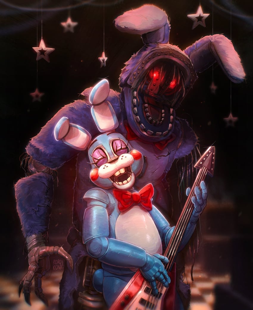 bonnie and toy bonnie (five nights at freddy's and 1 more) drawn by rorokonaa