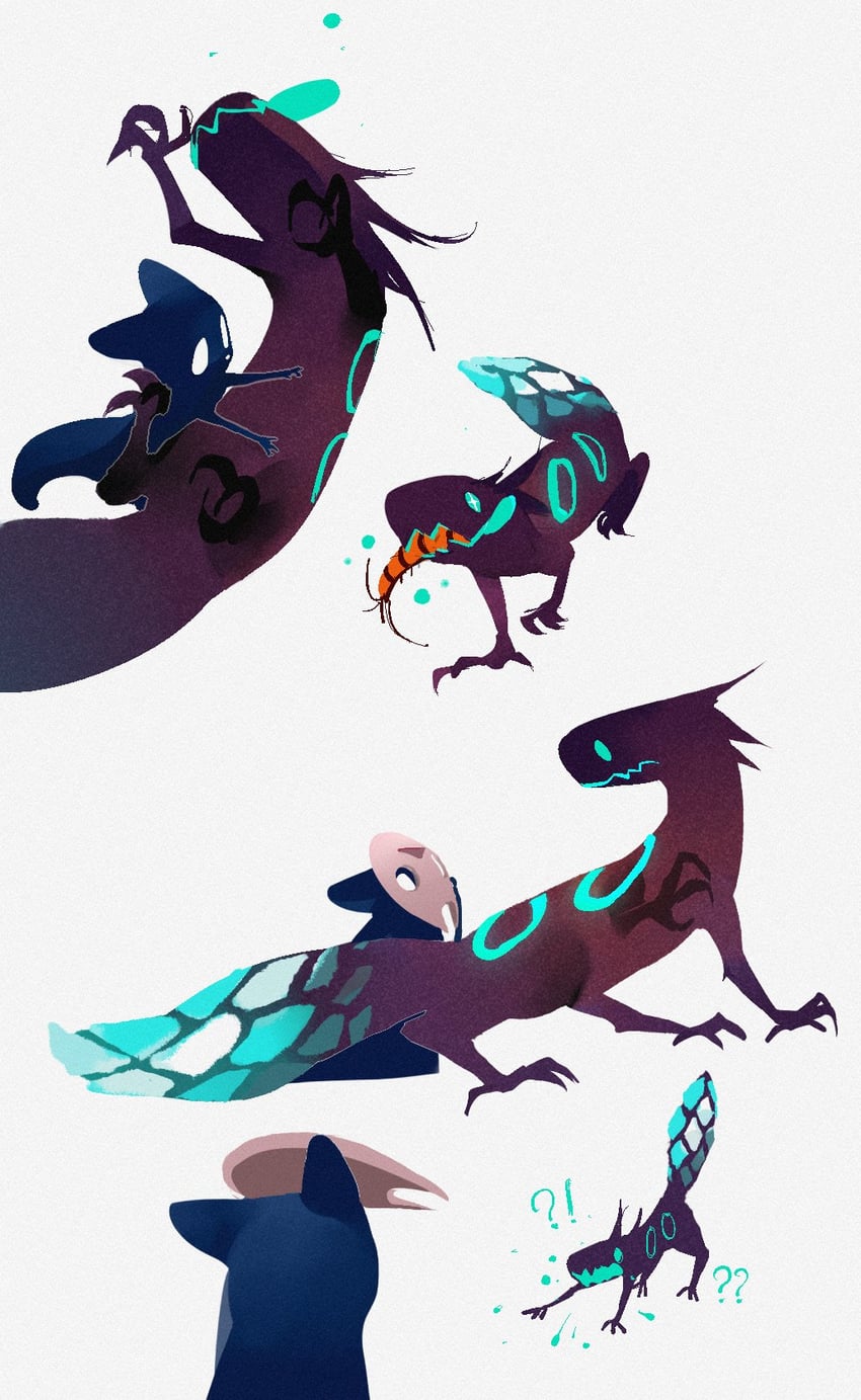 watcher, cyan lizard, and centipede (rain world) drawn by cookien