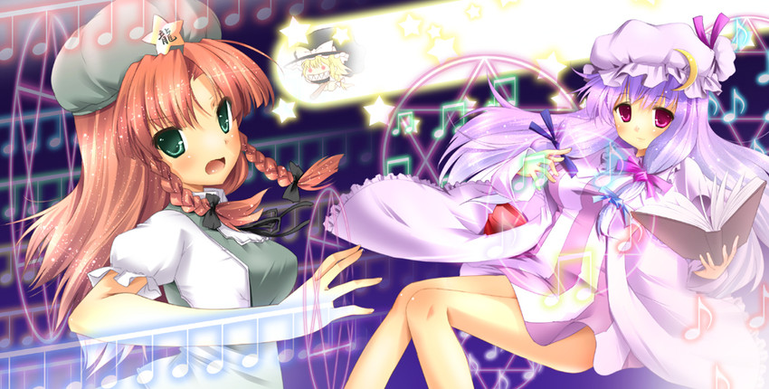 kirisame marisa, patchouli knowledge, and hong meiling (touhou) drawn by monchy_pom