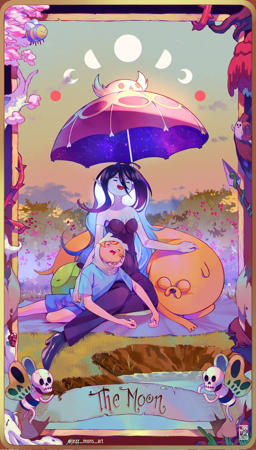 marceline abadeer, finn the human, jake the dog, snail, and skeleton butterfly (adventure time) drawn by jezz_mons_art