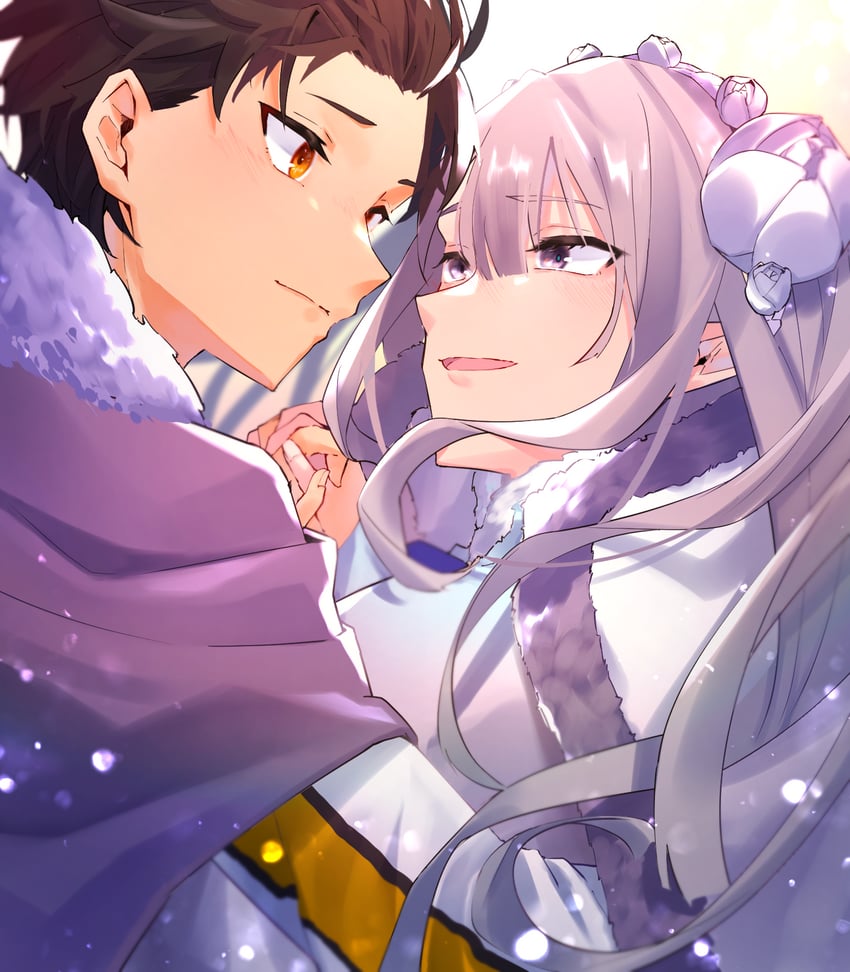 emilia and natsuki subaru (re:zero kara hajimeru isekai seikatsu) drawn by shishamo_(jrm7383)