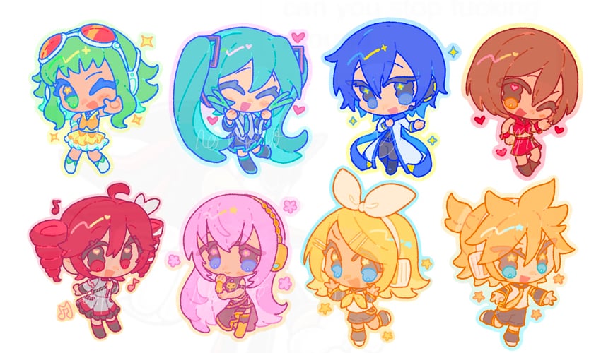 hatsune miku, kagamine rin, kagamine len, megurine luka, kasane teto, and 3 more (vocaloid and 2 more) drawn by froflossy